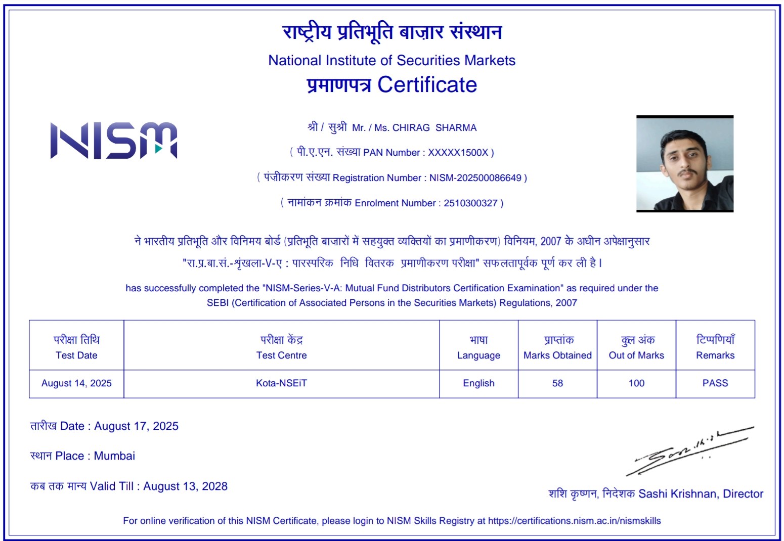 NISM Series V-A Certificate - Chirag Sharma